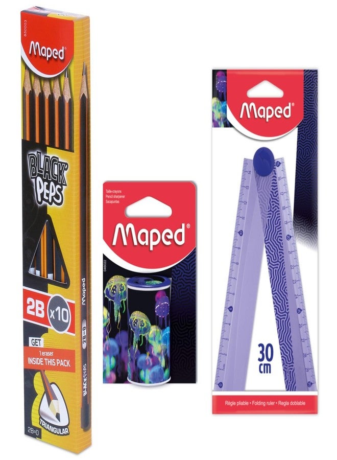 مابد مجموعة أدوات مكتبية من MAPED (جنة أعماق البحار) | مقياس قابل للطي 15 سم | مبراة مع علبة لتجميع نشارة القلم | قلم رصاص جرافيت مثلث الشكل | مجموعة ممحاة ومبراة أقلام رصاص | أدوات مكتبية أنيقة للاستخدام المدرسي والمكتبي - Image 1